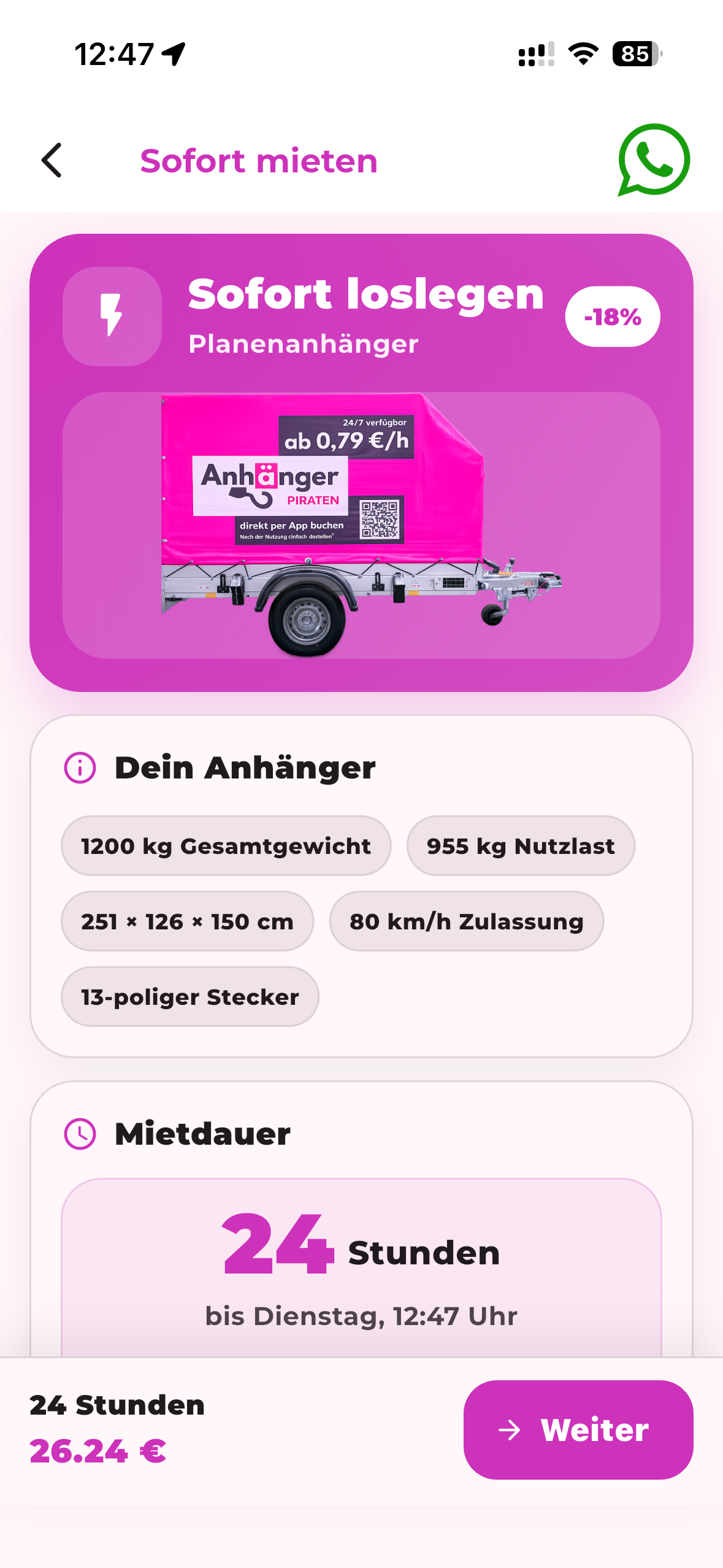Anhänger in der App buchen